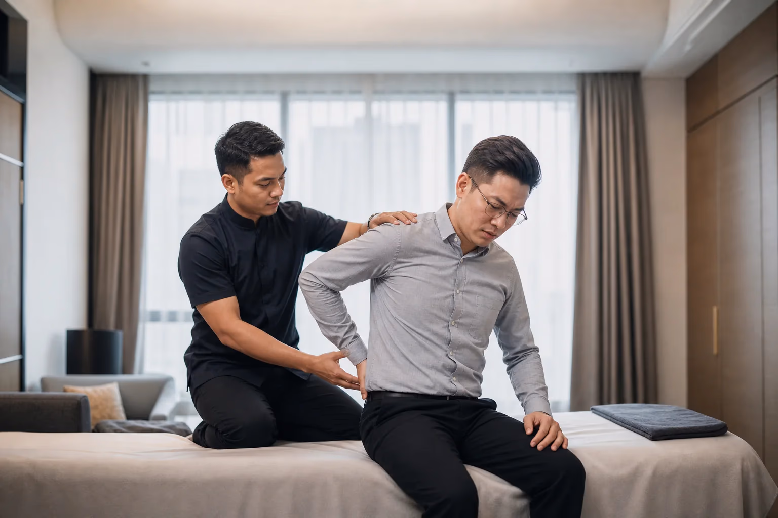 A Chinese Malaysian client having lower-back movement assessed at home