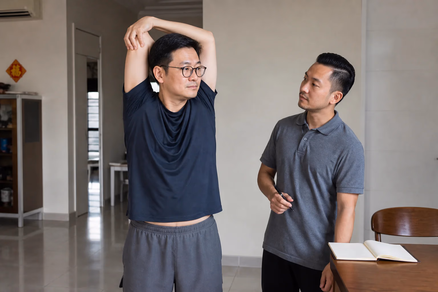 A Chinese Malaysian client practising a gentle recovery movement with a therapist