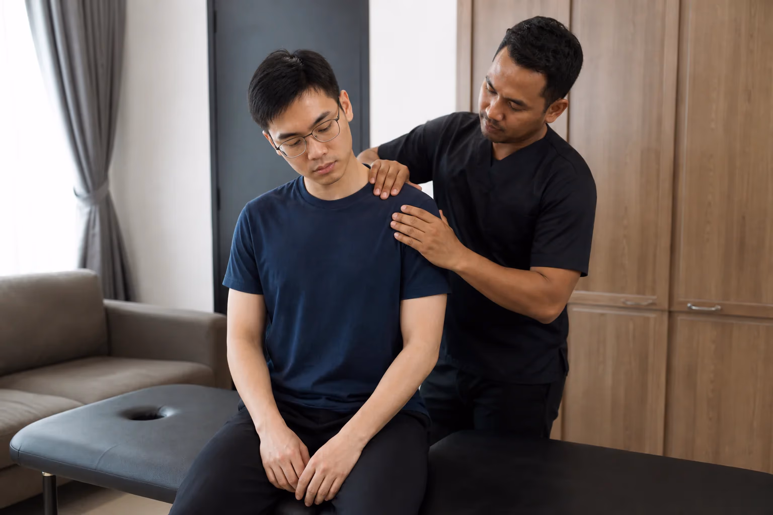 A Chinese Malaysian client receiving structured clinical-home soft-tissue care