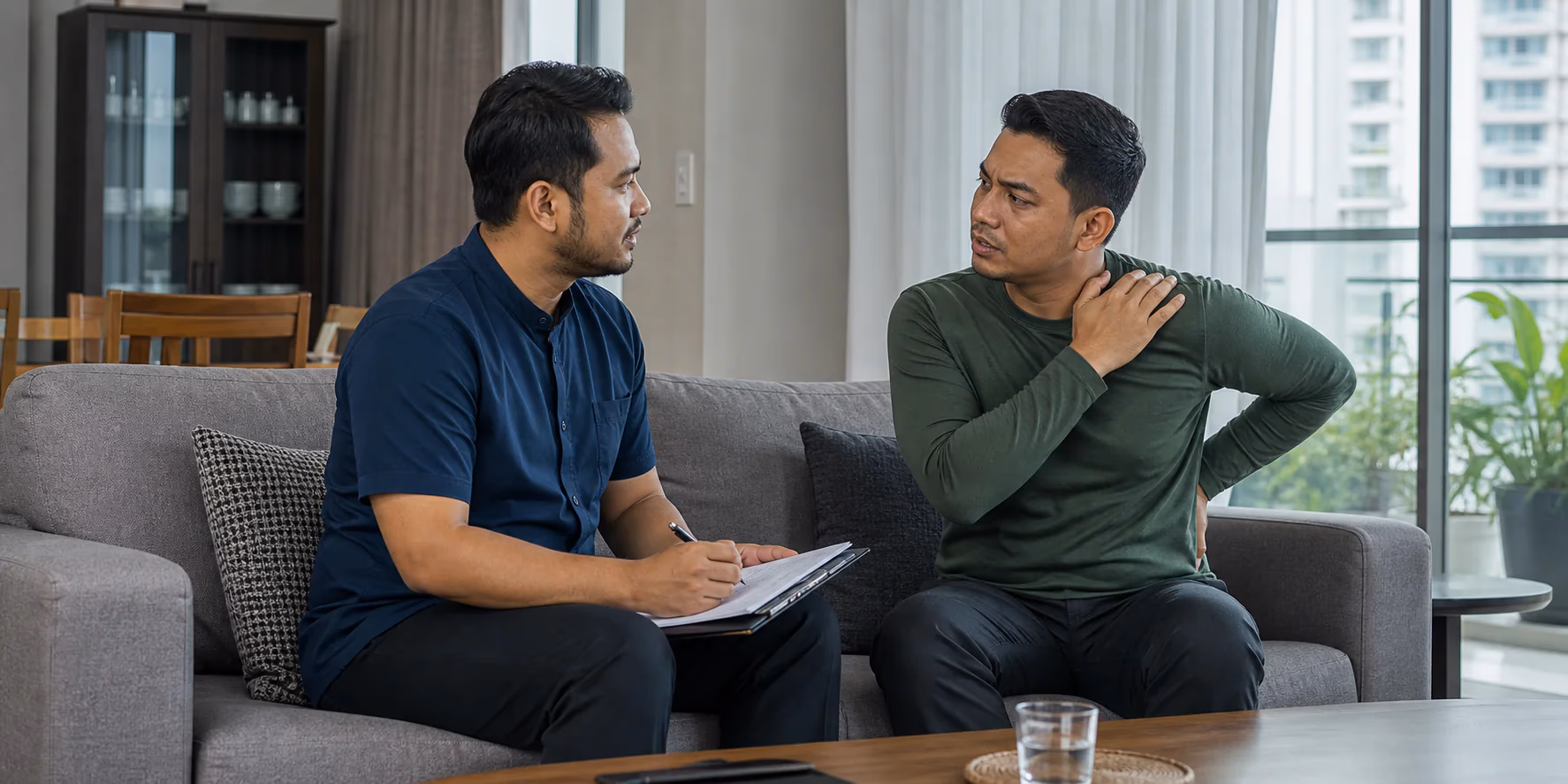 Pelanggan Melayu menerangkan ketidakselesaan otot semasa penilaian di rumah