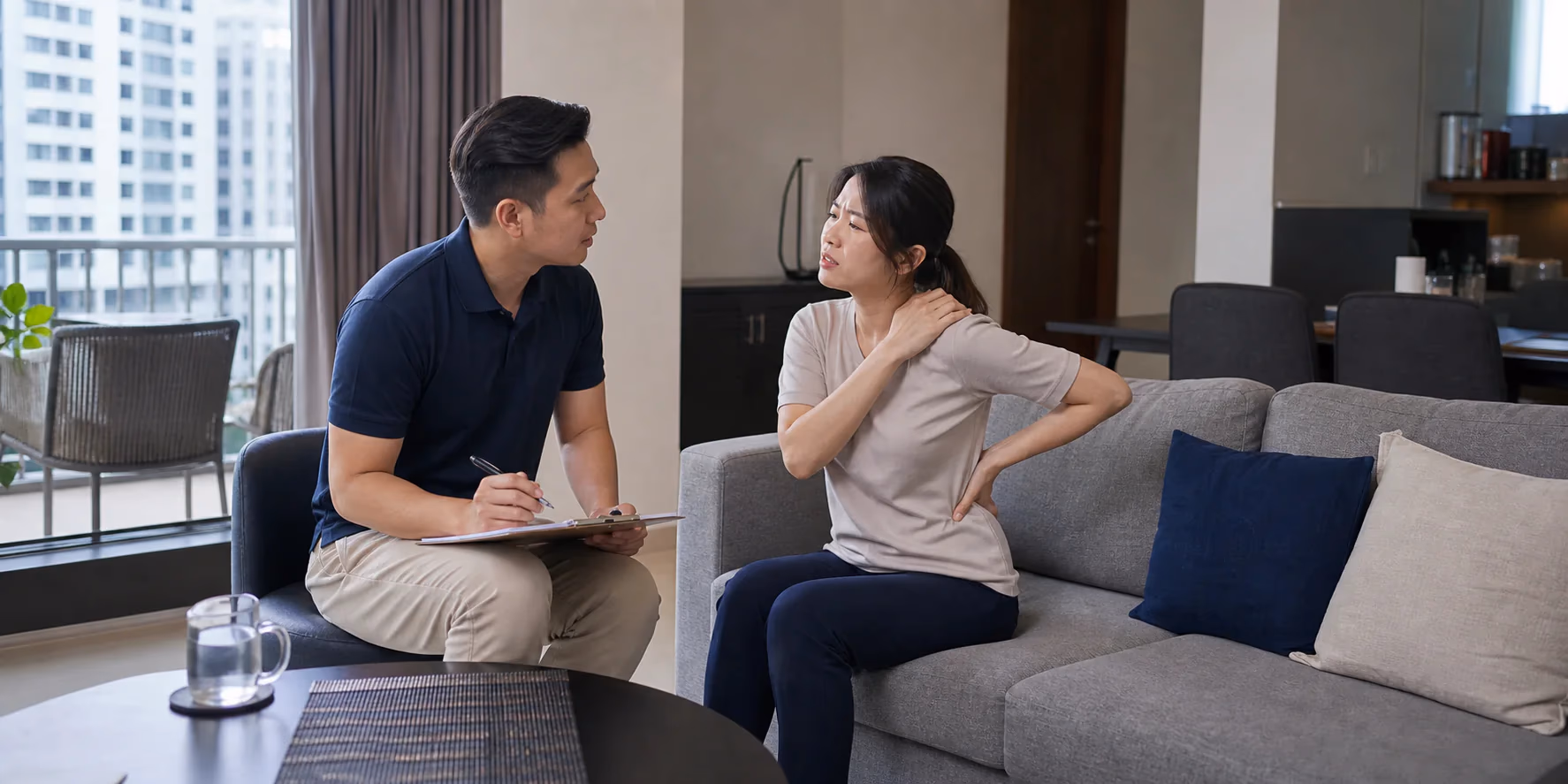 A Chinese Malaysian client describing muscular discomfort during a home assessment