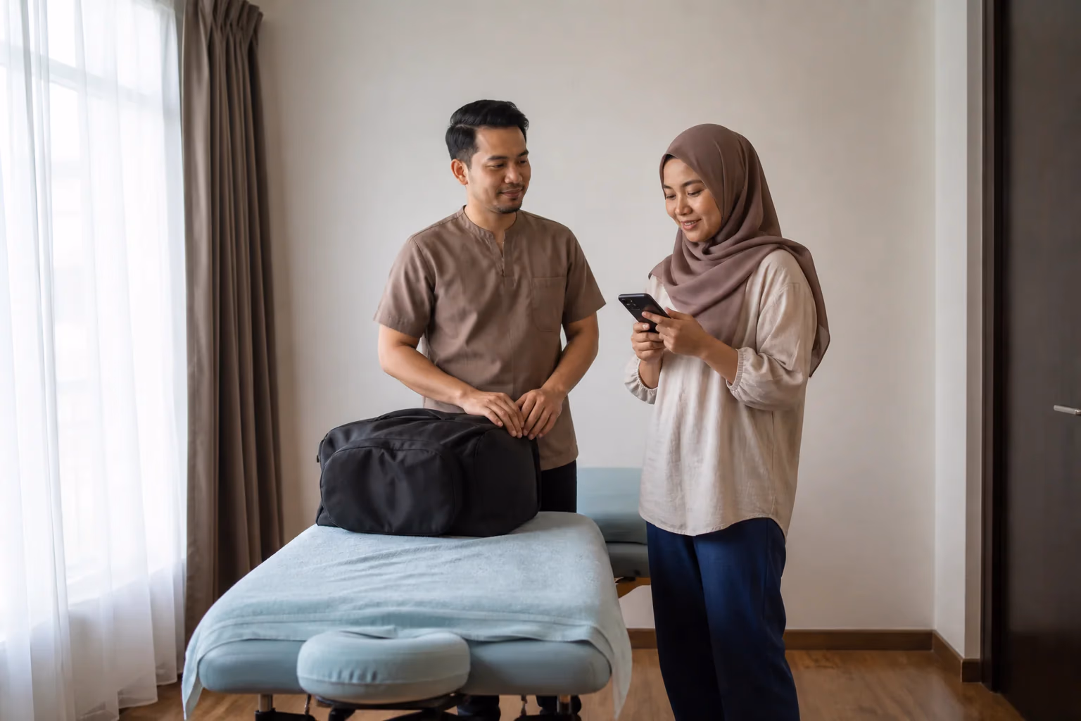 Pelanggan Melayu membuat pertanyaan urutan ke rumah melalui telefon pintar