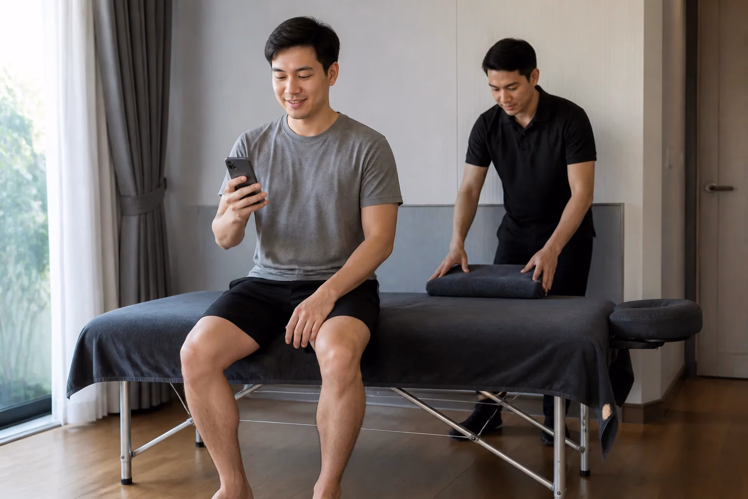 A Chinese Malaysian client making a home massage enquiry by smartphone