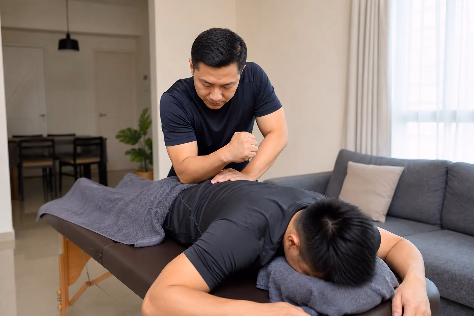 A Chinese Malaysian client receiving controlled deep-tissue back massage