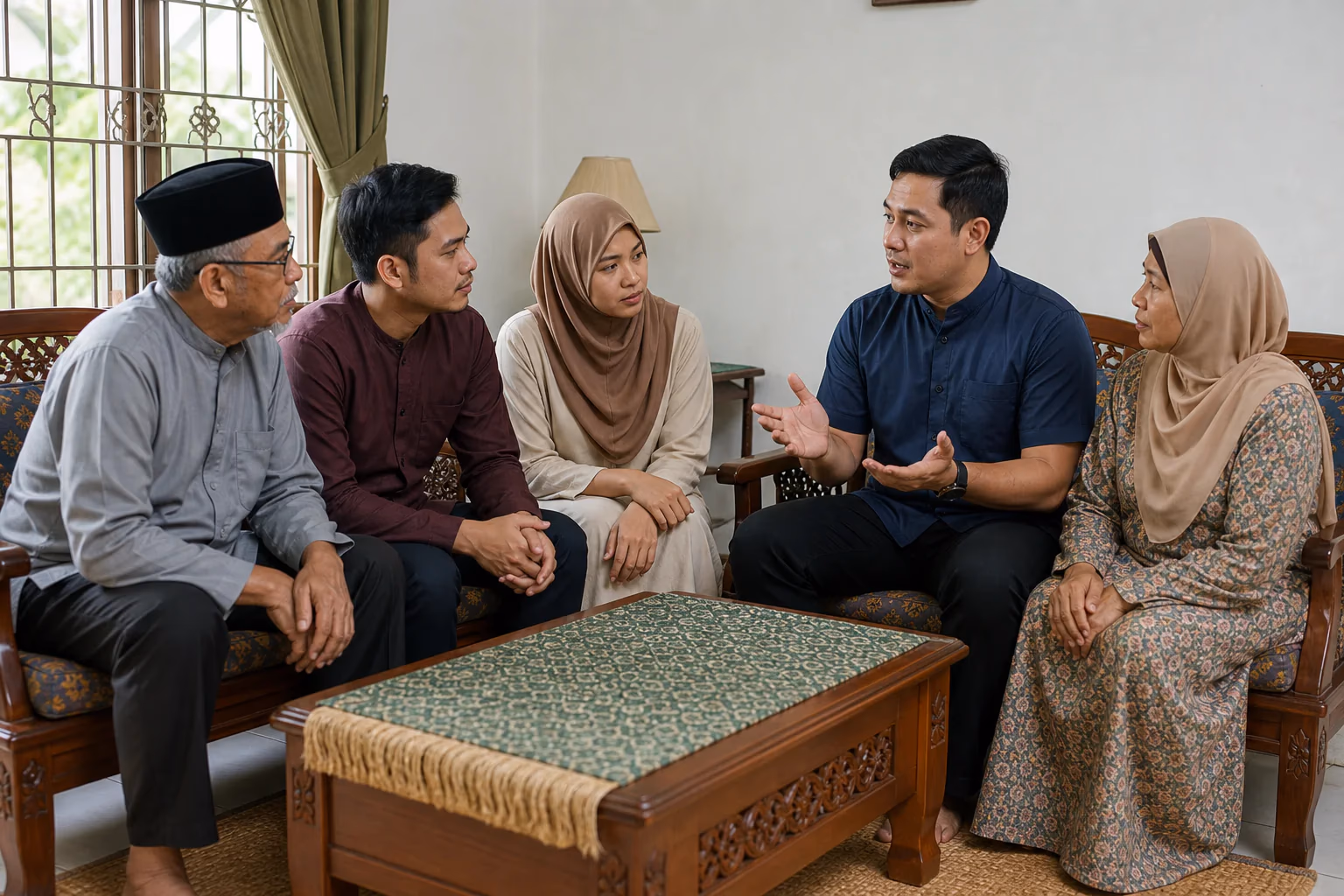 Keluarga Melayu berbincang tentang penjagaan di rumah yang sesuai bersama ahli terapi