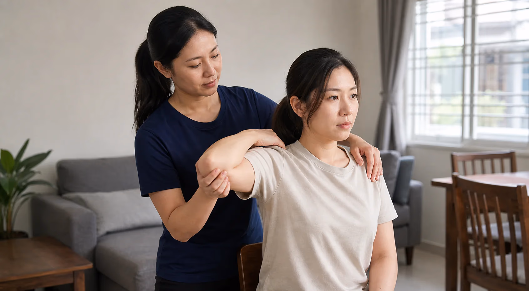 A Chinese Malaysian client completing a gentle supported shoulder check