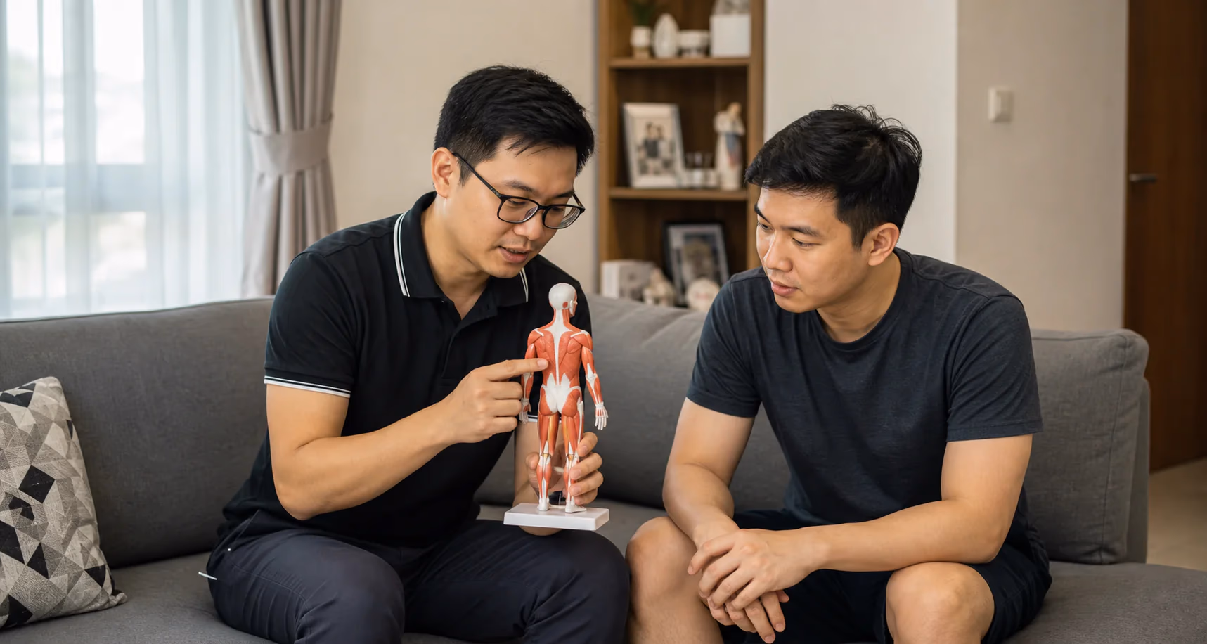 A therapist explaining muscle movement to a Chinese Malaysian client