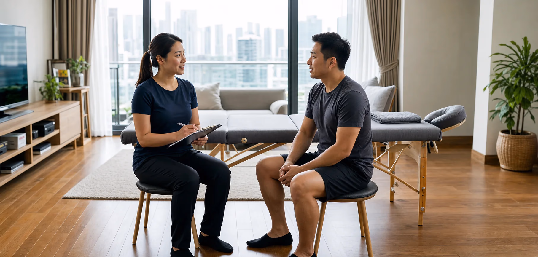 A Chinese Malaysian client discussing a home massage visit with a therapist