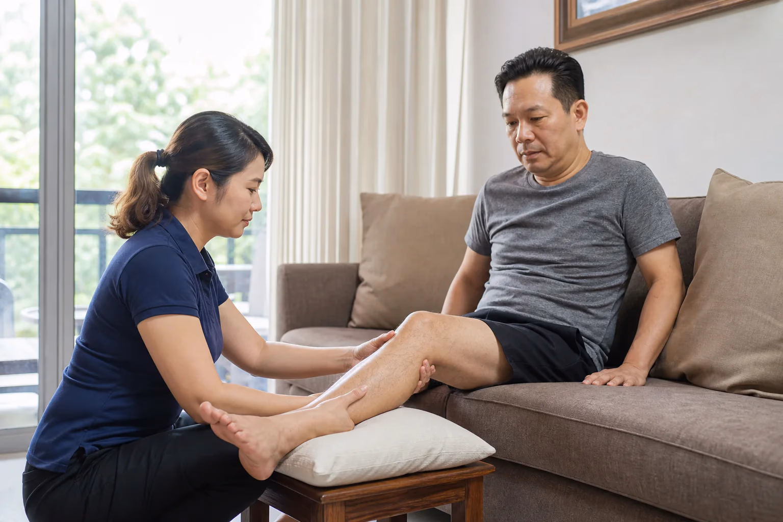 A Chinese Malaysian client receiving soft-tissue care around the knee
