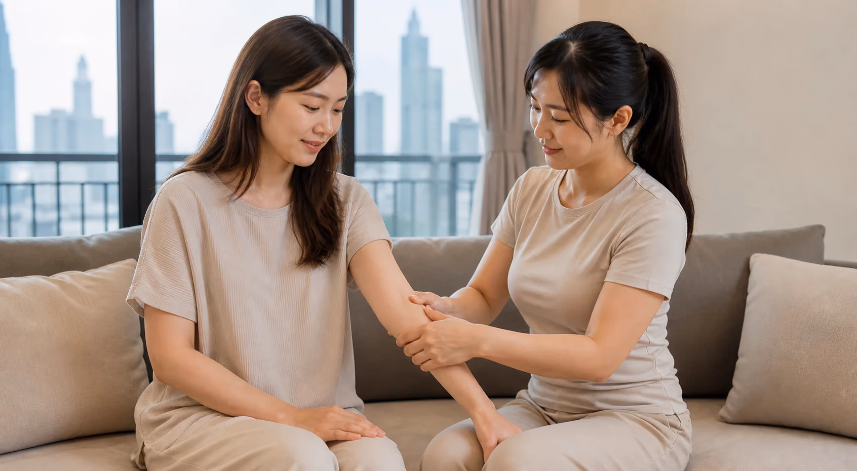 A Chinese Malaysian client receiving gentle drainage-style forearm care