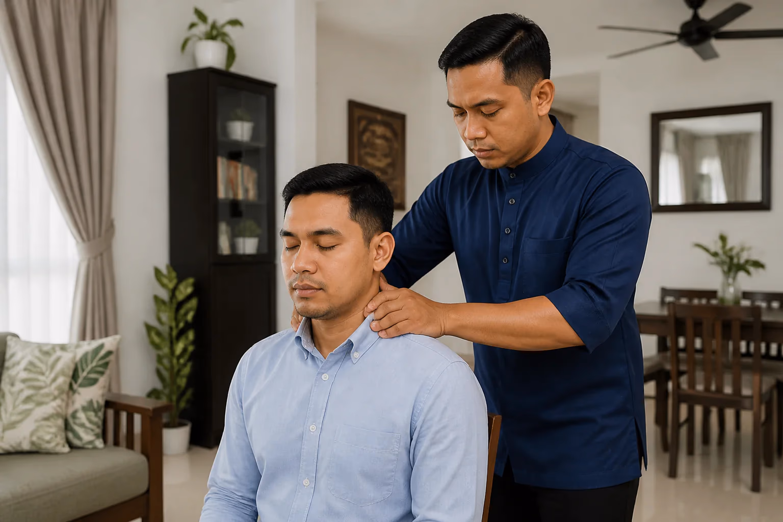 Pekerja meja Melayu menerima penjagaan leher dan bahu yang berhati-hati