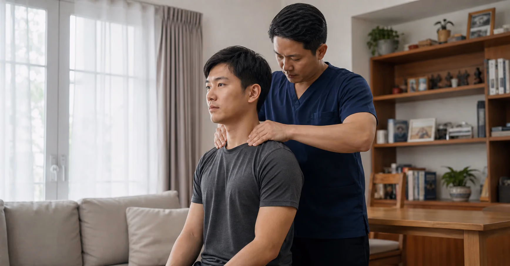 A Chinese Malaysian desk worker receiving careful neck and shoulder care