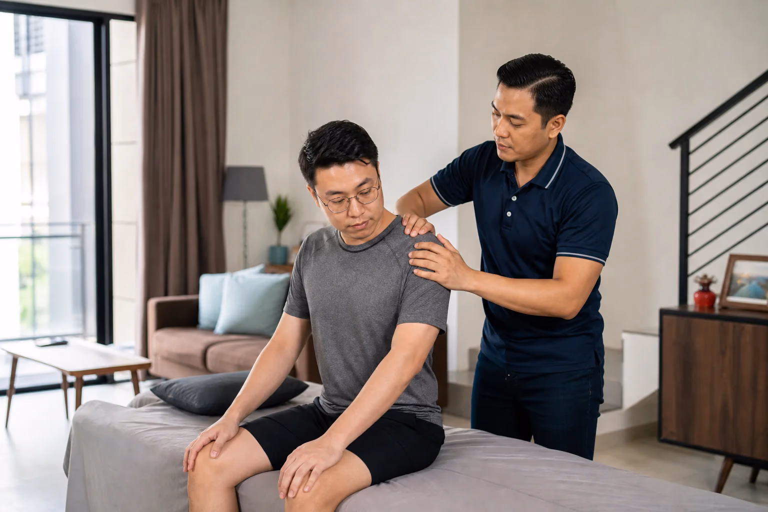 A Chinese Malaysian client receiving an assessment-led shoulder comfort session