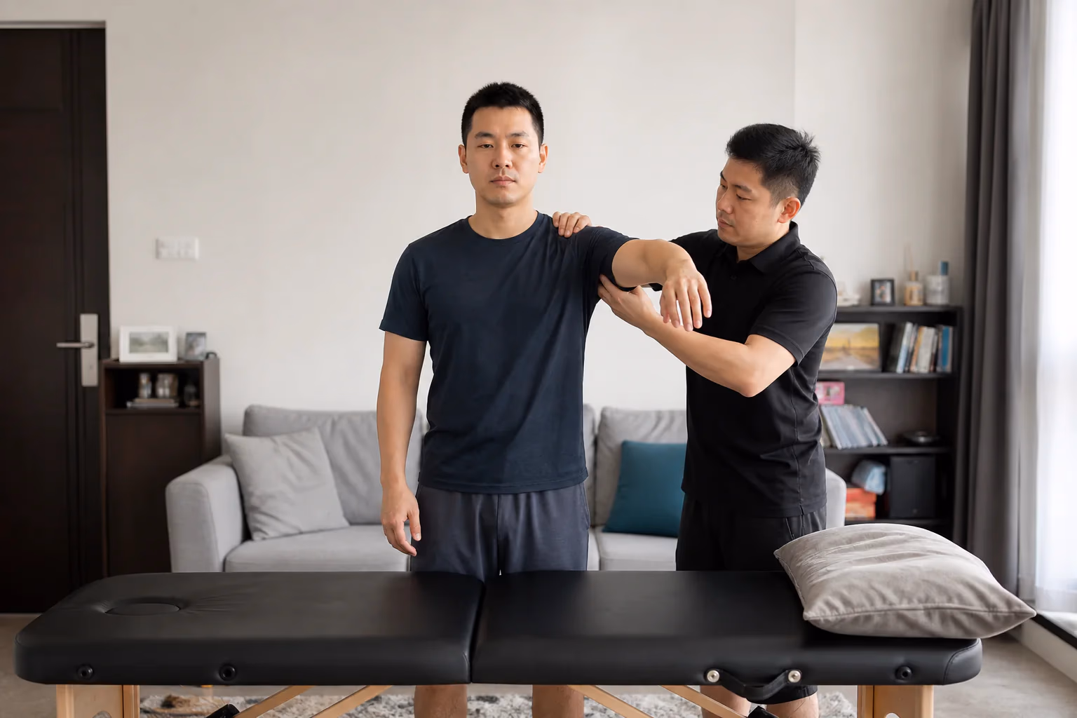 A Chinese Malaysian client completing a gentle shoulder movement check
