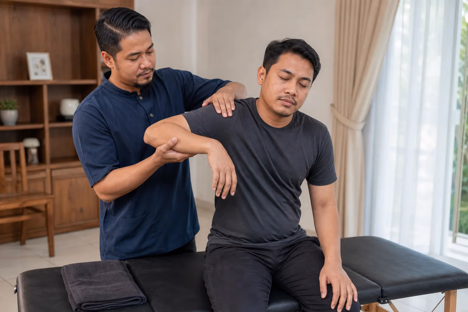 Pelanggan Melayu menerima penjagaan pemulihan bahu dengan sokongan