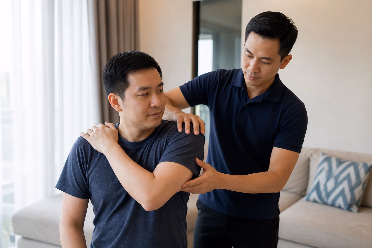 A Chinese Malaysian client receiving supported shoulder recovery care