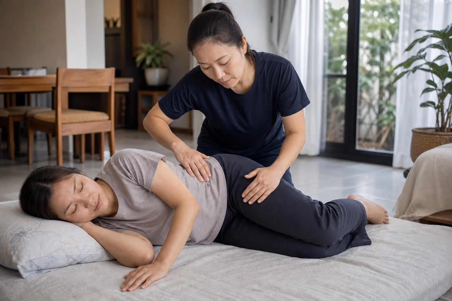 A Chinese Malaysian client receiving modest outer-hip soft-tissue care