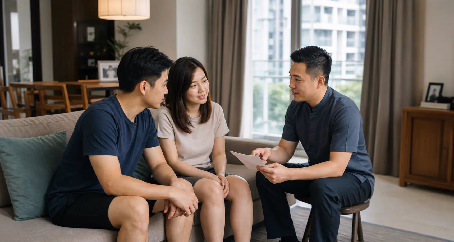 A Chinese Malaysian client discussing therapeutic massage options with a therapist