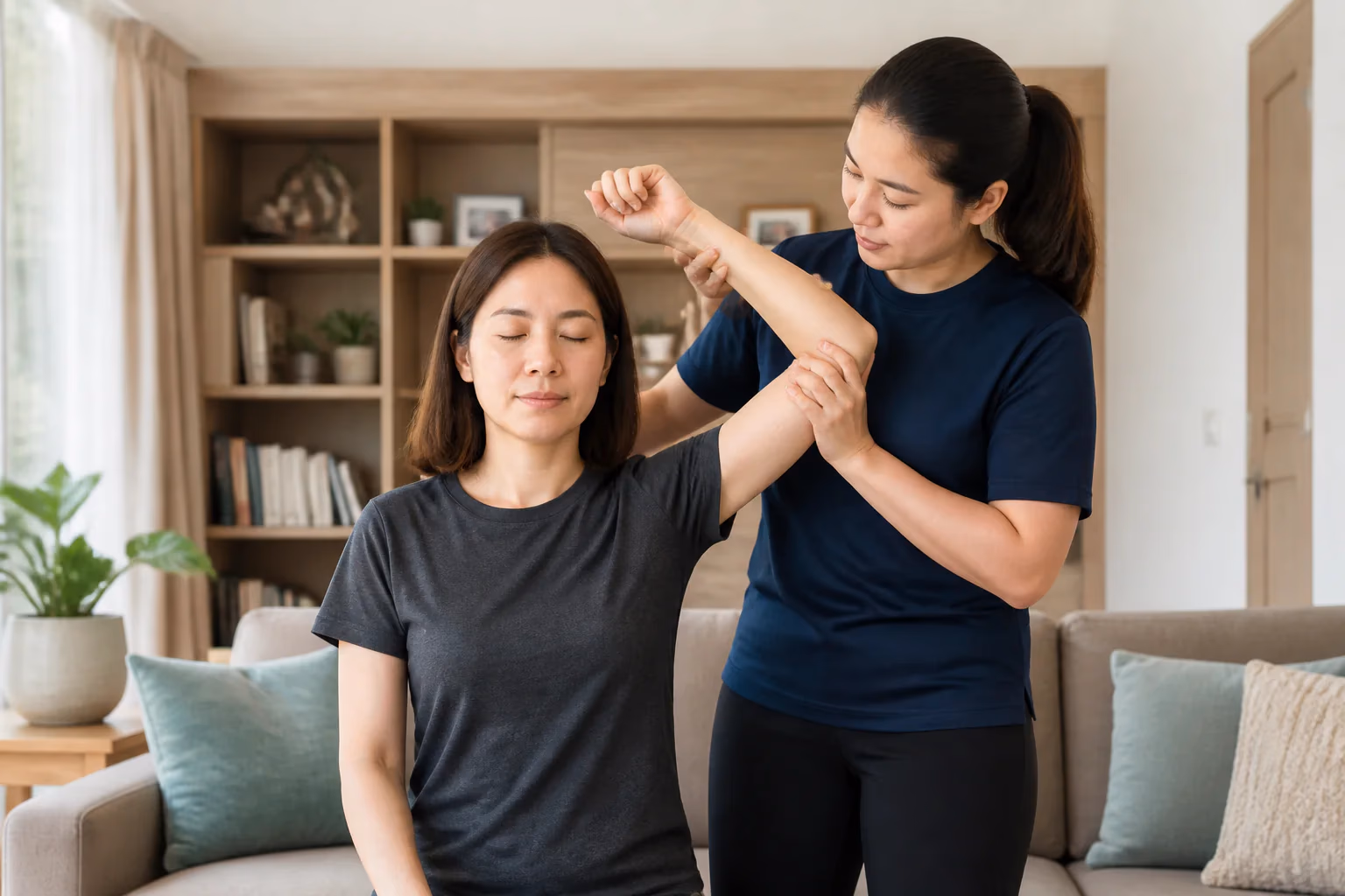 A Chinese Malaysian client completing a supported shoulder mobility check