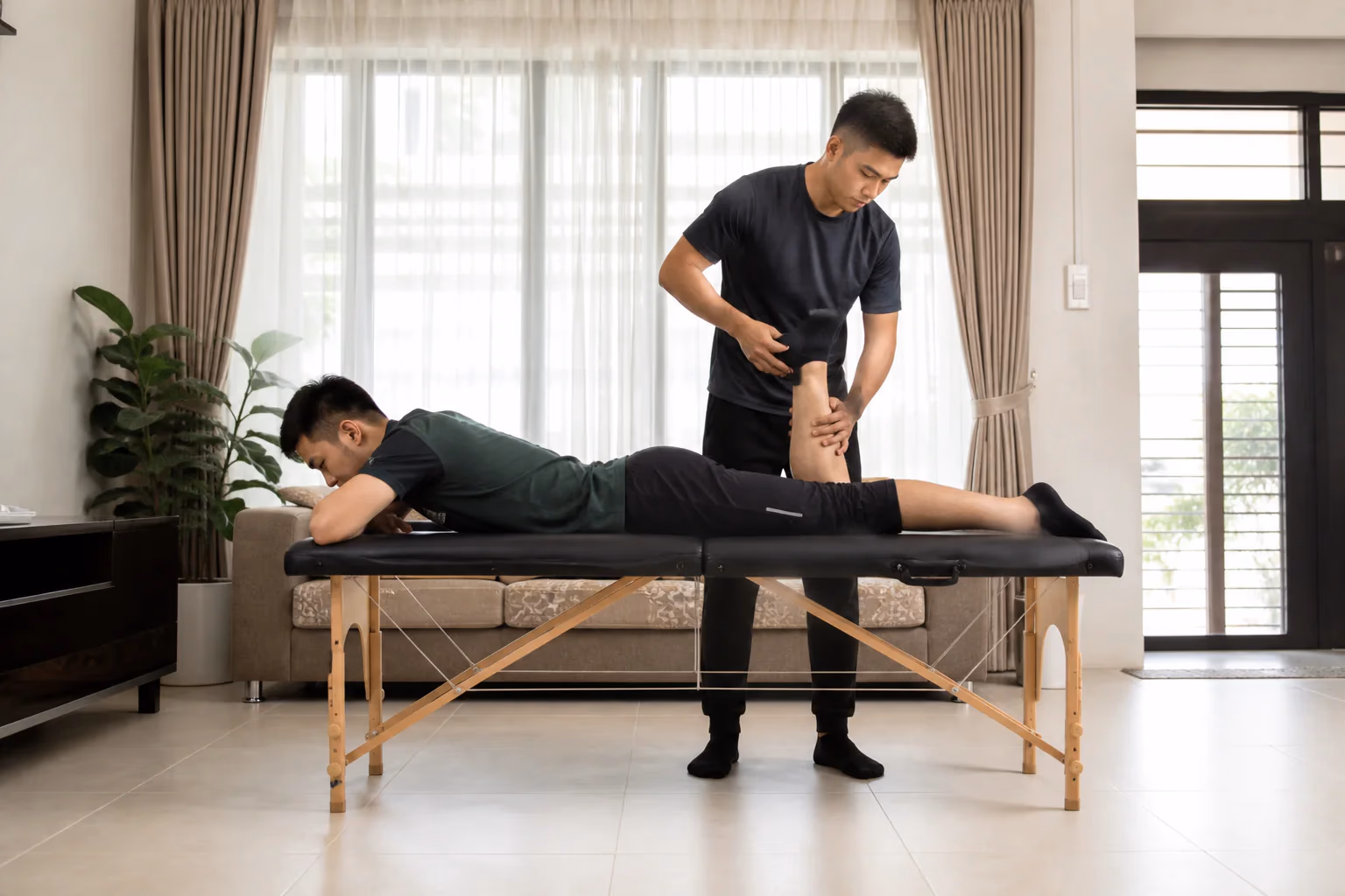 A Chinese Malaysian athlete receiving calf recovery massage at home
