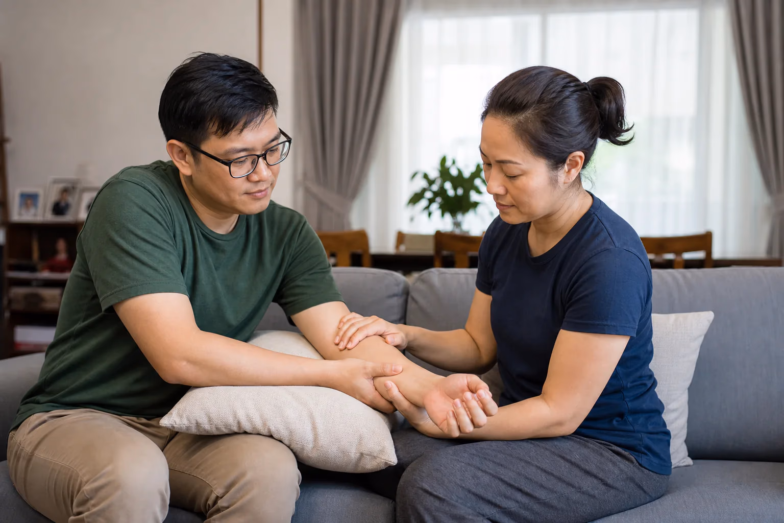 A Chinese Malaysian adult receiving gentle supportive hand and arm massage