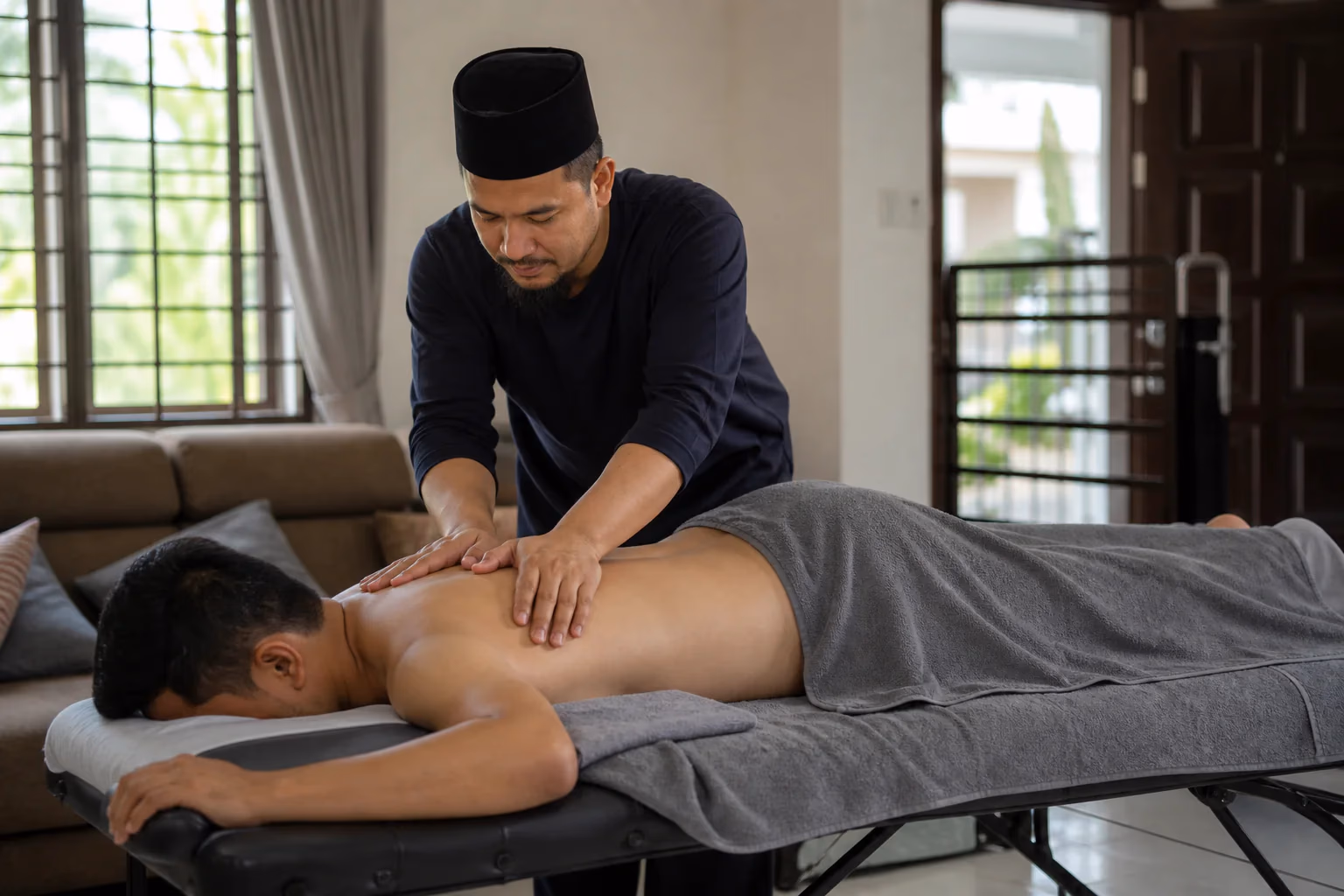 Pelanggan Melayu menerima urutan terapeutik bahagian belakang atas di rumah